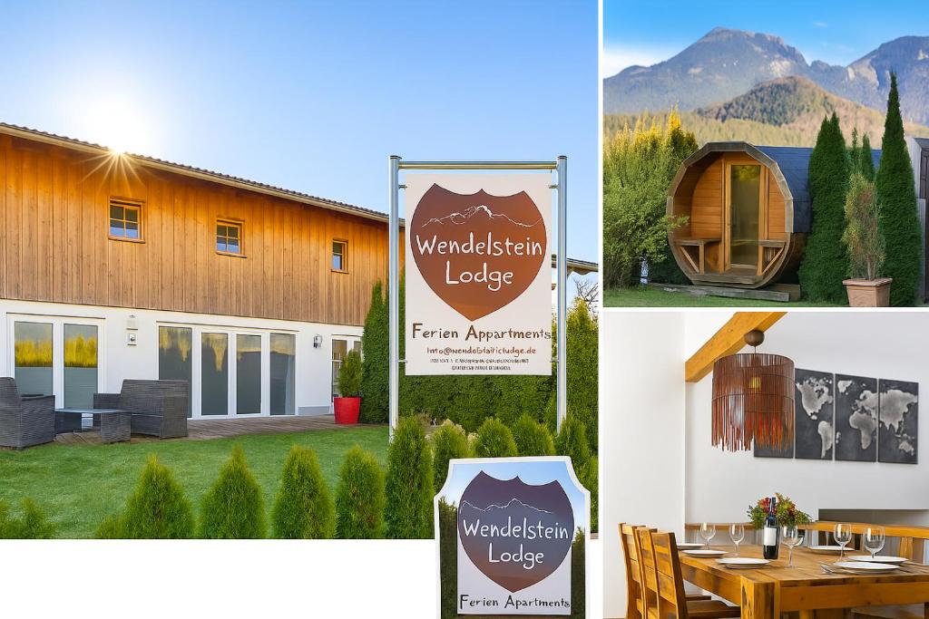 a sign for a tent workshop lodge next to a building at Wendelstein Lodge in Fischbachau