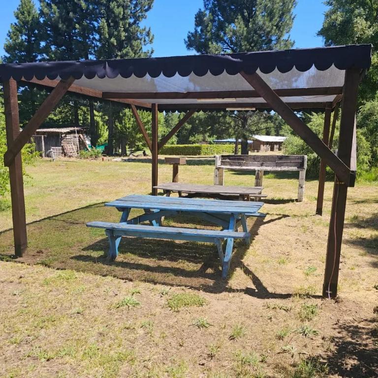 einen Picknicktisch unter einem Pavillon in einem Park in der Unterkunft Complejo Del Bosque in El Bolsón