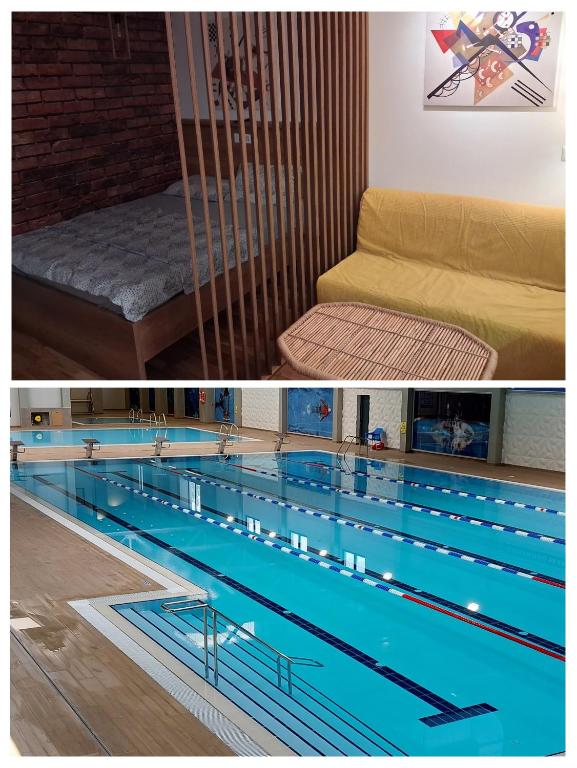 two pictures of a swimming pool in a room at Centar Crnjanski 2 in Jagodina