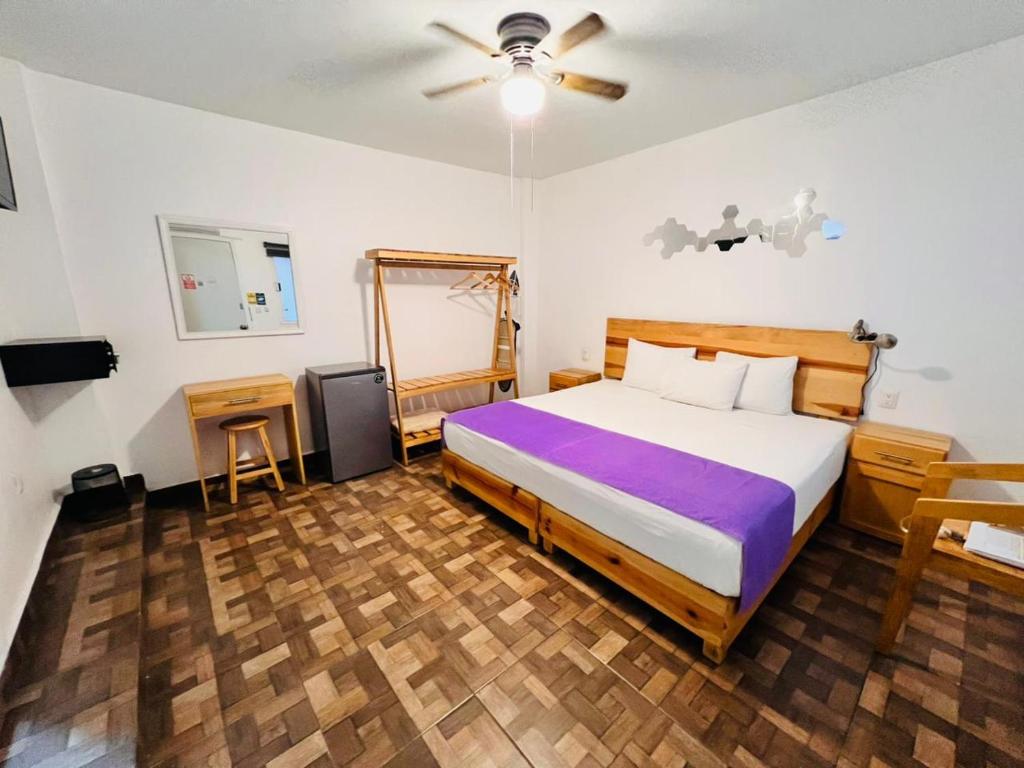 een slaapkamer met een bed en een plafondventilator bij Casa Gubidxa in Oaxaca City