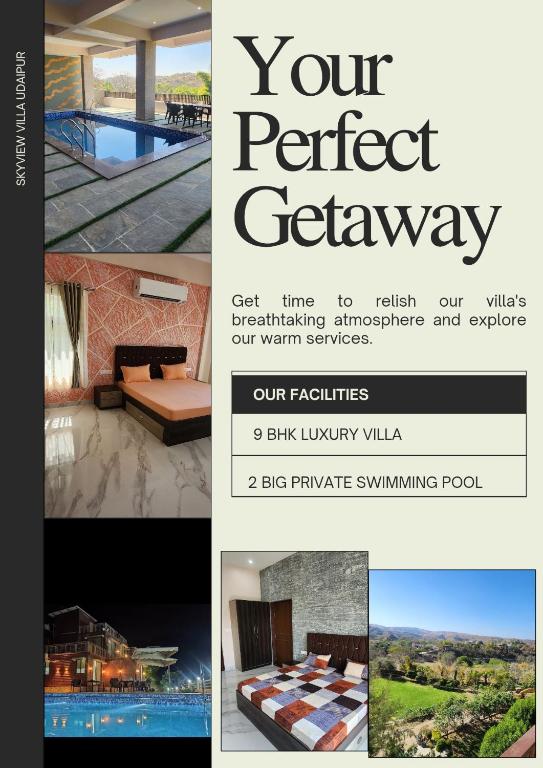 a collage of photos of a hotel room and a pool at 9 BHK Skyview Villa Udaipur with 2 private pool in Udaipur
