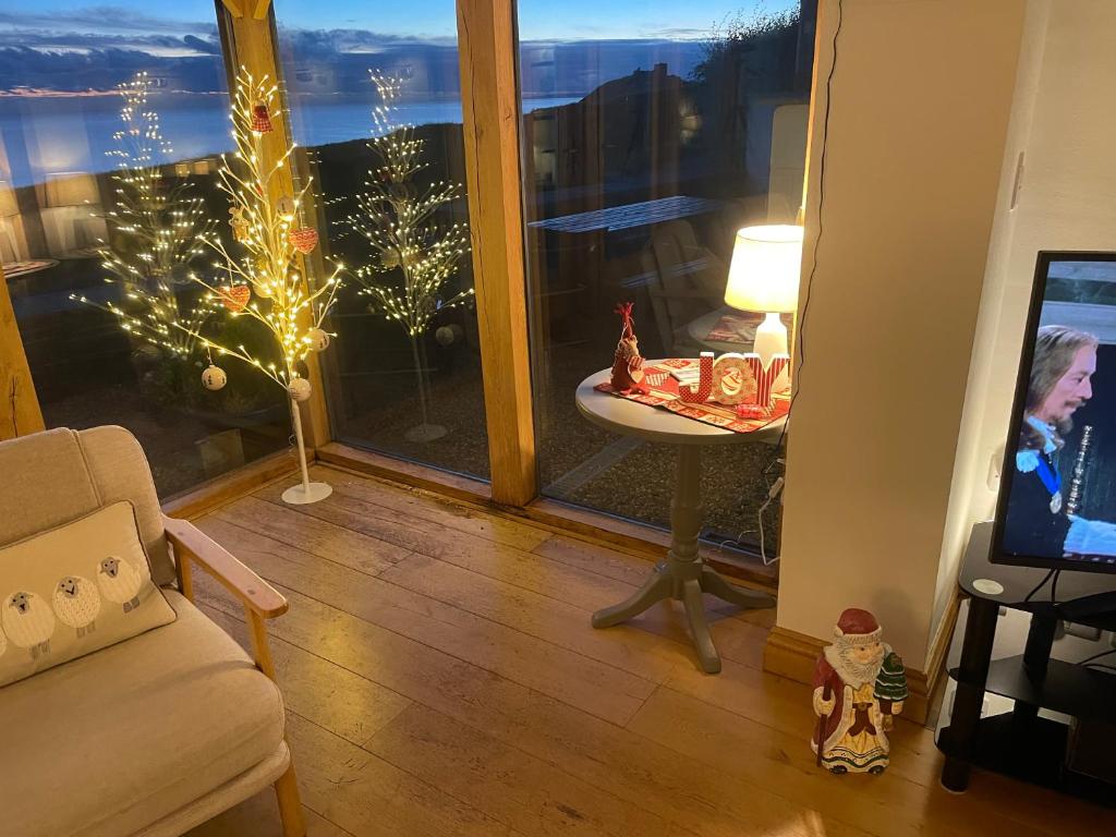 ein Wohnzimmer mit einem Weihnachtsbaum und einem TV in der Unterkunft Cae'r Dyni Caer Dyni in Criccieth