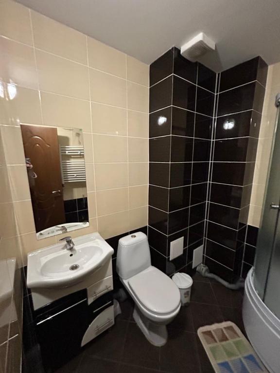 オルゲイにあるHotel Sofiaのトイレ、洗面台、シャワー付きのバスルーム