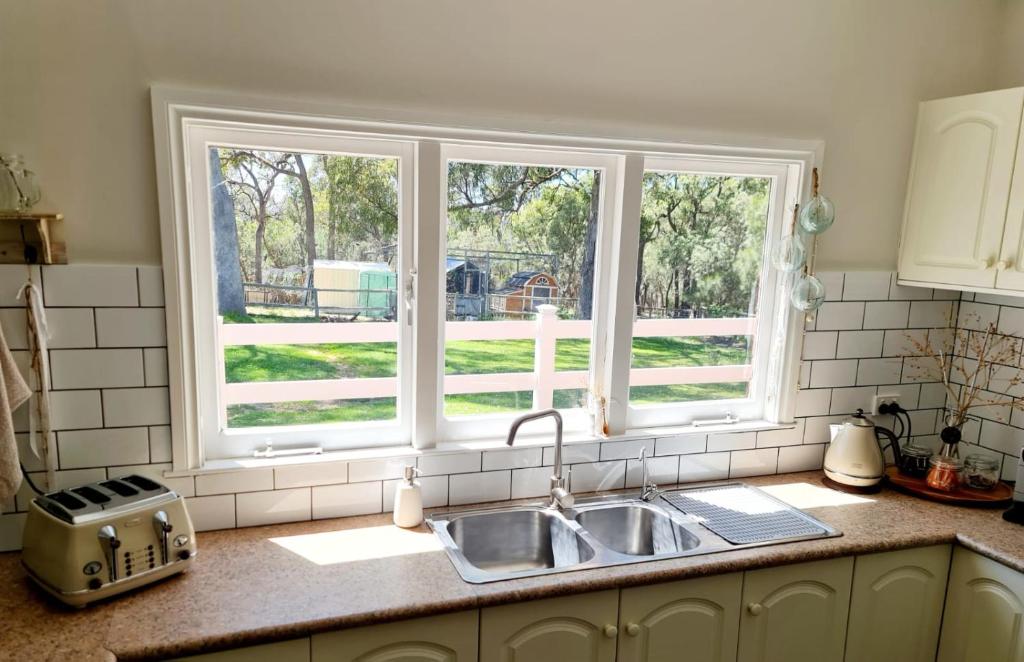 encimera de cocina con fregadero y 2 ventanas en R&R Roo & Rest, en Singleton