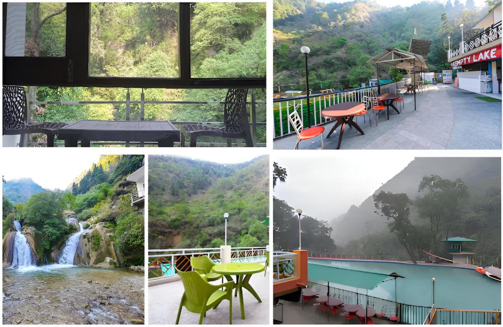 un collage de fotos con una cascada y un restaurante en Kempty Lake Waterfall Resort - Run by Anaysha Group, en Mussoorie