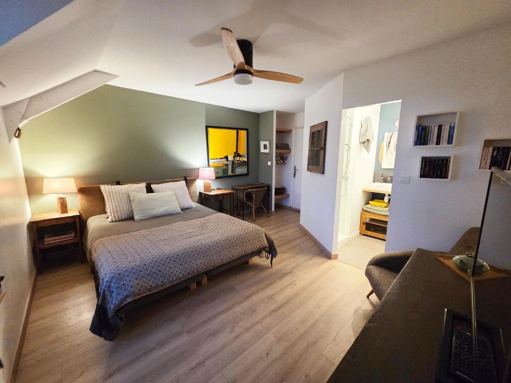 Angles-sur-lʼAnglin里格内住宿加早餐旅馆的一间卧室，里面有一张床和一个吊扇