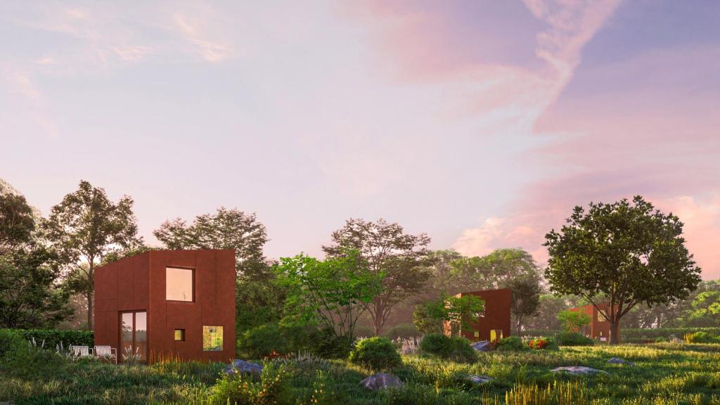 un rendu d'une maison dans un jardin dans l'établissement Oseraie Cabins - Wild lodges près de Maastricht, à Visé