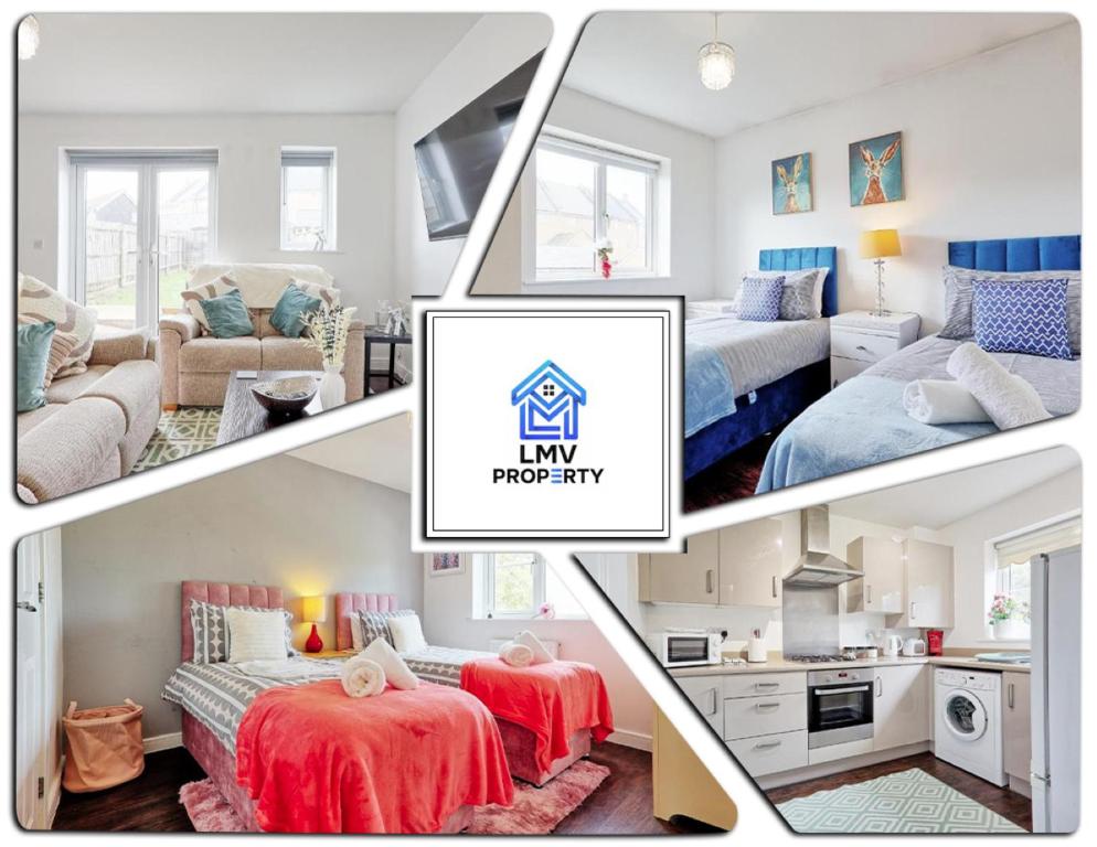 eine Collage mit vier Bildern eines Zimmers in der Unterkunft Modern 3-Bed 3-Bath Home - Quiet Road - Parking For 2 Cars - LMV Property in Great Burstead