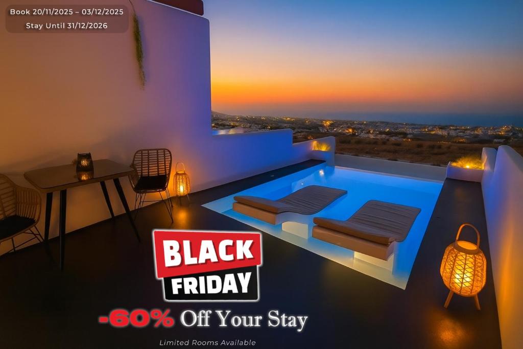 a black friday advertisement for a house with a swimming pool at Salida Del Sol Santorini in Éxo Goniá
