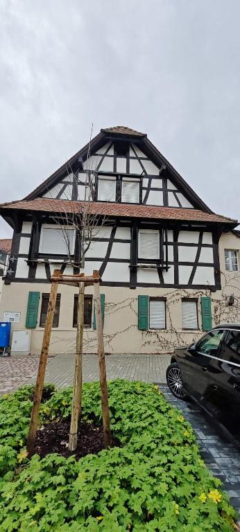 un edificio con un árbol delante en Große Wohneinheit Im Hotel weisses Lamm, en Bruchsal