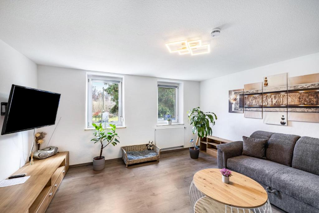 a living room with a couch and a tv at Leas Ferienwohnung in Aichen