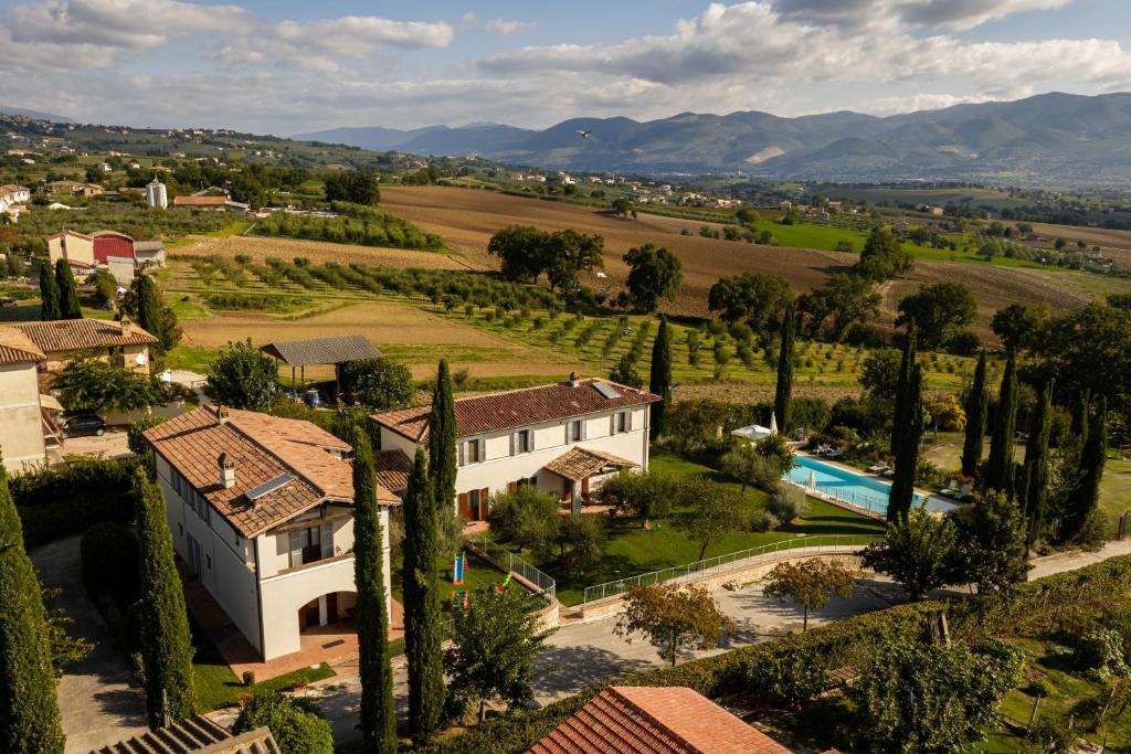 an aerial view of a villa with a pool and trees at AGRITURISMO LA CORTE DEI CAVALIERI in Montefalco