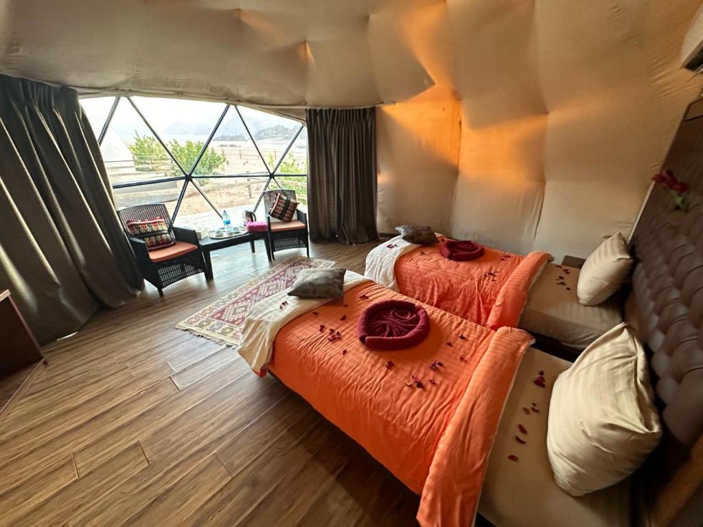 Dos camas en una habitación con una gran ventana. en Rum Awaad luxury camp, en Wadi Rum