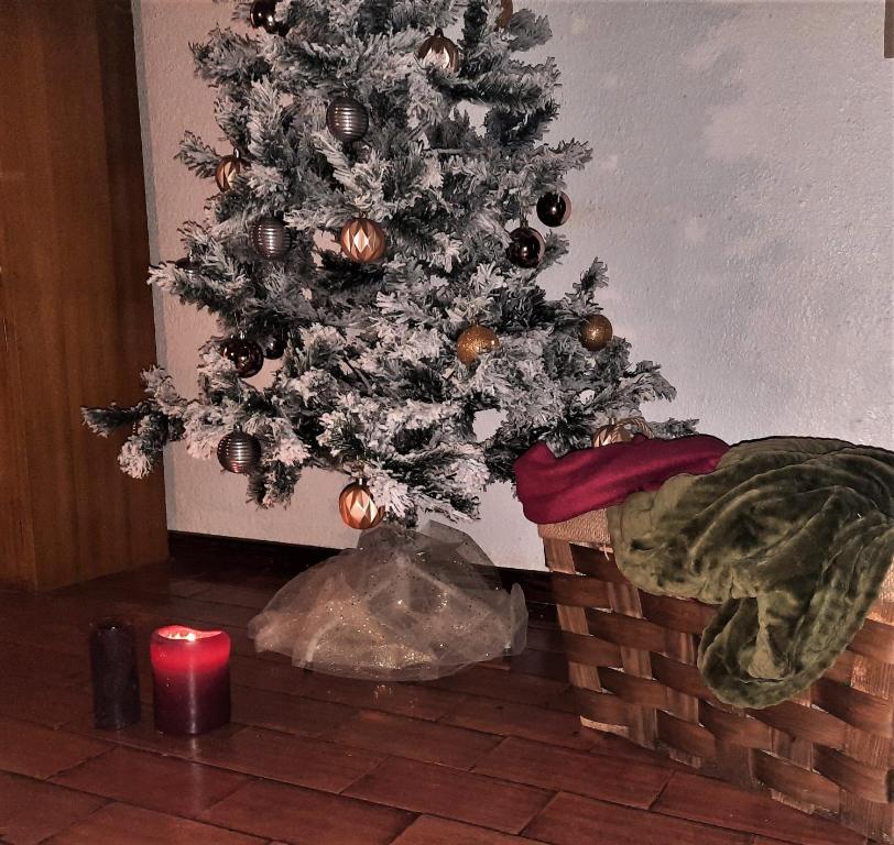 ein Weihnachtsbaum in einem Zimmer mit einer roten Kerze in der Unterkunft Casa da Bonança Ofir in Fão
