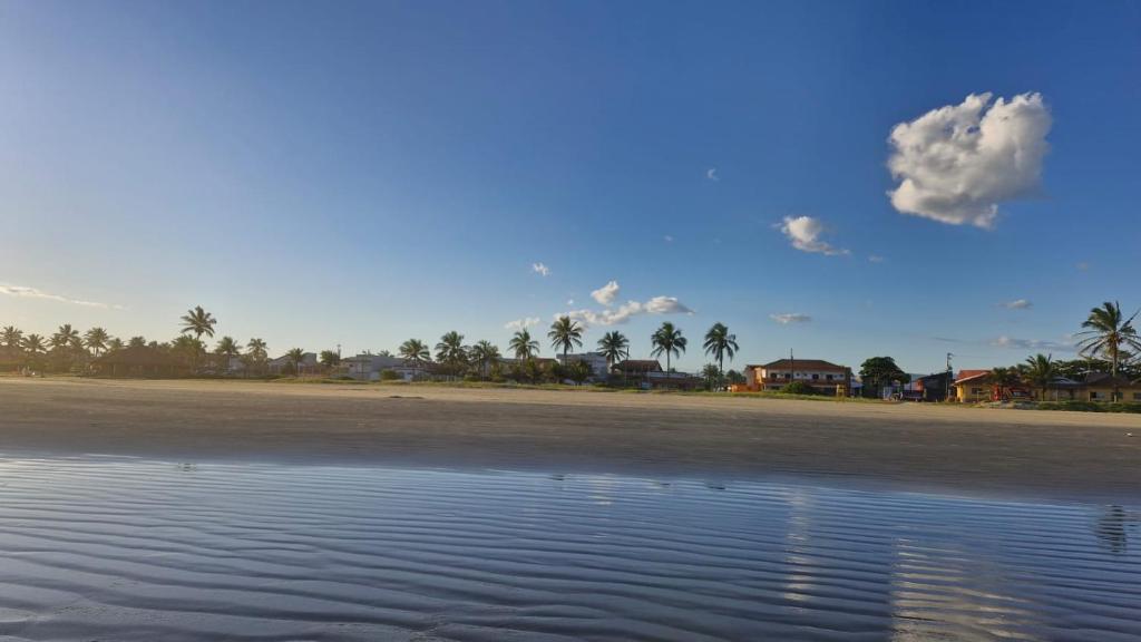 a view of a beach with palm trees and water at HOTEL DOM BOSCO Itanhaém in Itanhaém