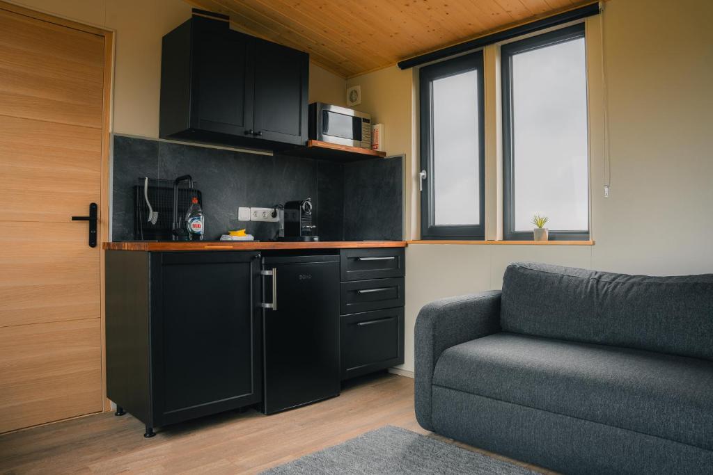 eine Küche mit schwarzen Schränken und einem Sofa in einem Zimmer in der Unterkunft Seljalandsfoss cottage in Hvolsvöllur