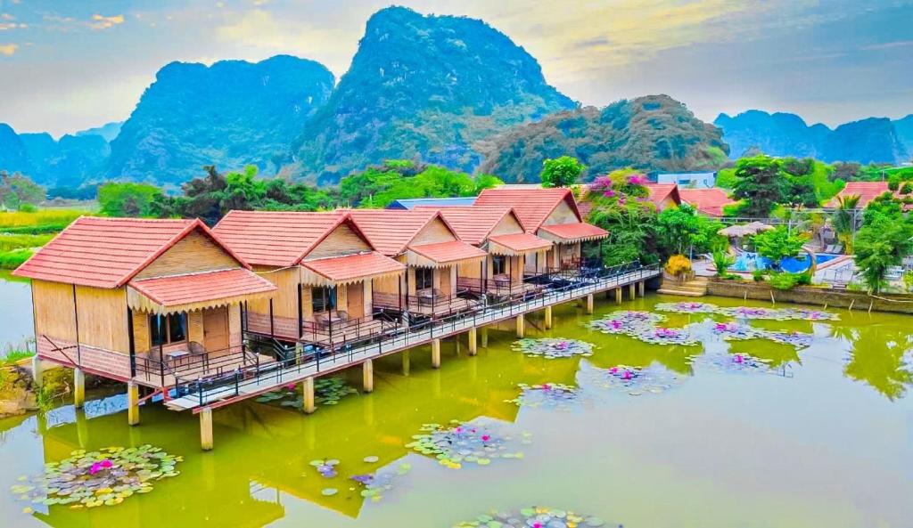 Xuân Sơnhappy bungalow homestay的水边一排房子，鲜花环绕，山峦起伏。