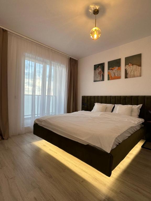 a bedroom with a large bed and a window at Amber Central Residence in Baia Mare