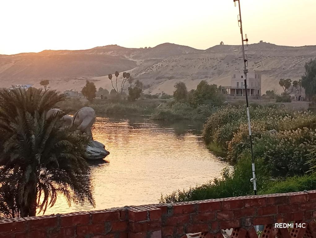 阿斯旺Sugar Nubian Guest House Nile Vew的一条河，中间有一座雕像