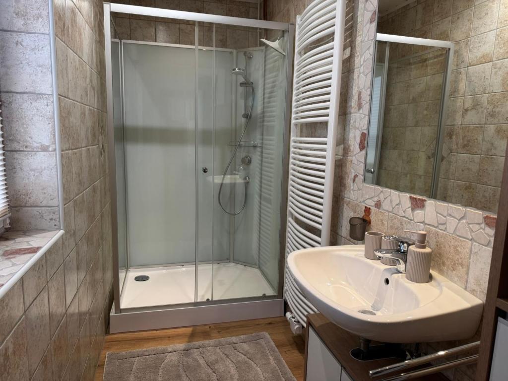 MichaelerbergSki und Wander Ferienhäuser Galsterberg-Blick Pruggern - Schladming-Dachstein的浴室配有淋浴和洗手池