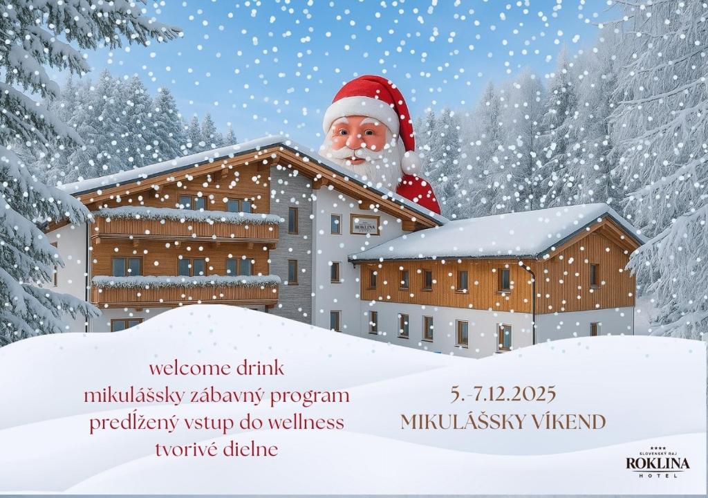 une image de Noël représentant le Père Noël sur le toit d'une maison dans l'établissement Hotel Roklina, à Hrabušice