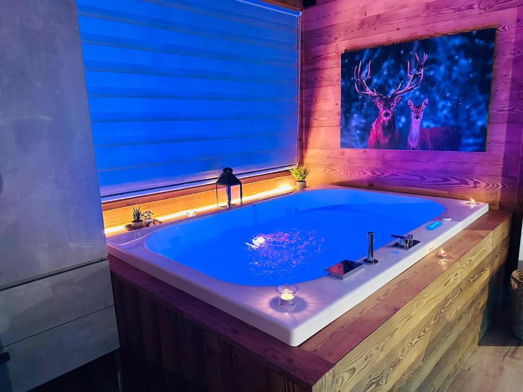 una vasca idromassaggio in una stanza con un quadro di un cervo di Bijoux Des Alpes - Mont Blanc Village a La Salle