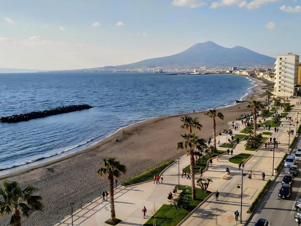 Blick auf einen Strand mit Palmen und das Meer in der Unterkunft MOON RIVER - Rooms & Apartments in Castellammare di Stabia