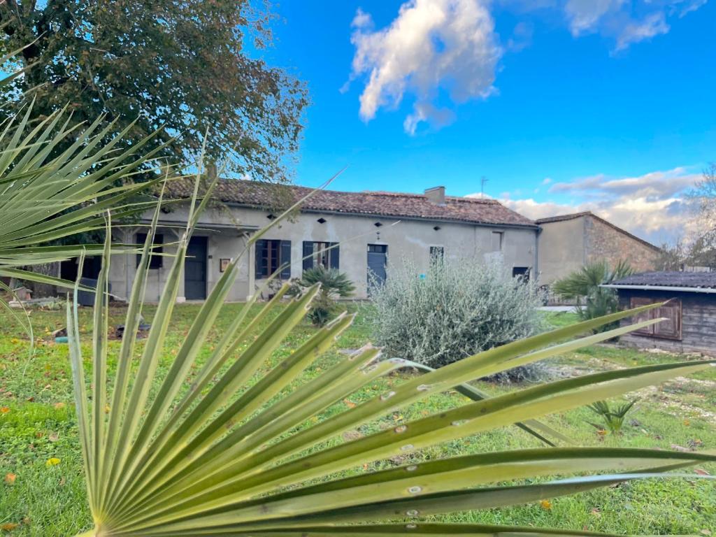 une vieille maison avec un palmier au premier plan dans l'établissement Le Petit Four à Pain - Maison 4 personnes à la Campagne, à Neuvicq-Montguyon