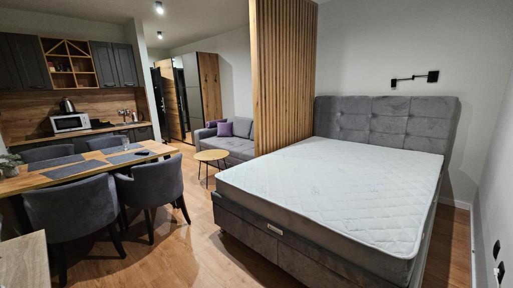 ein Schlafzimmer mit Bett und Tisch und eine Küche in der Unterkunft Kopaonik Apart Bela Reka Brzece in Brzeće