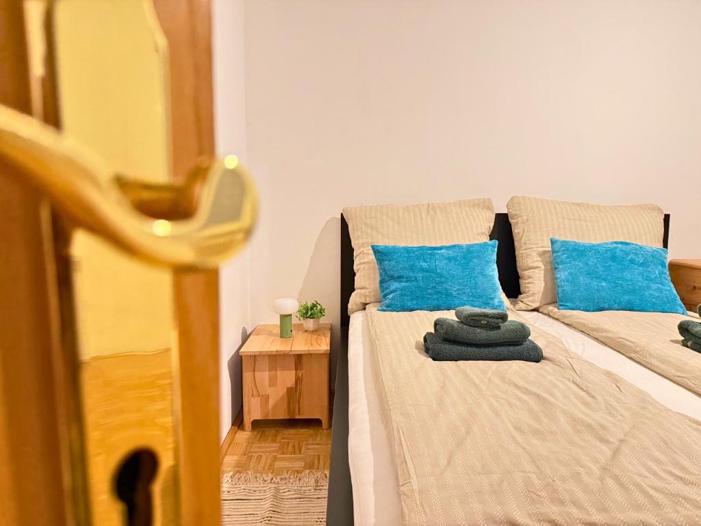 SchalchhamApartment - Nähe Bahnhof - Arbeitsplatz - Badewanne - Piano的一间卧室，有两张床，配有蓝色枕头