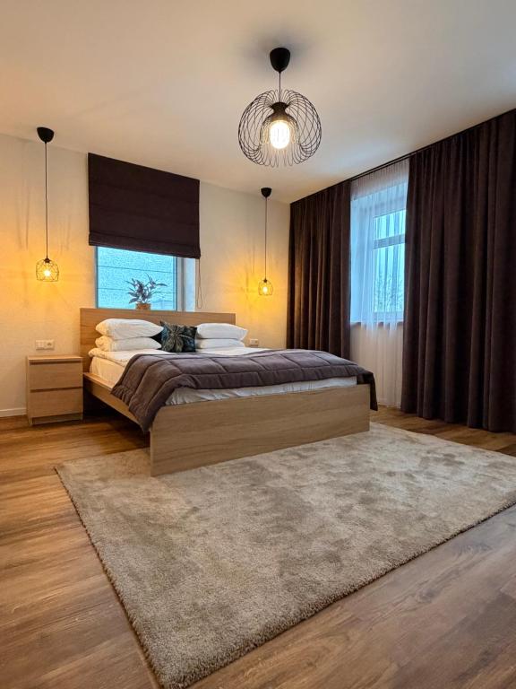 Un dormitorio con una cama grande y una ventana grande en Crown Apartment Park View, en Ukmergė
