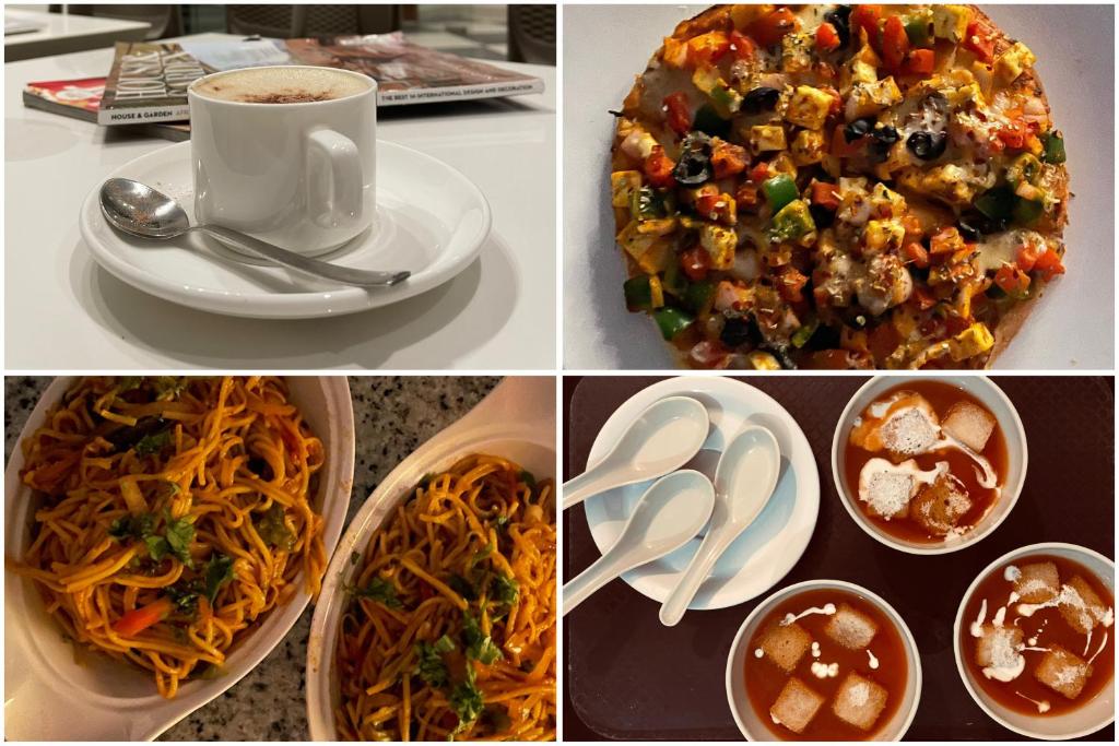 un collage de photos de nourriture et d'une tasse de café dans l'établissement Mannat Resort, à Bikaner