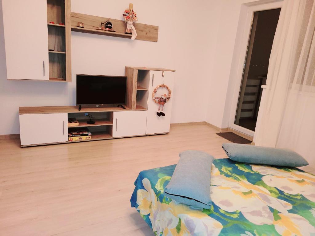 ein Wohnzimmer mit einem Bett und einem Fernseher in der Unterkunft Double rooms apartament in Sînpetru