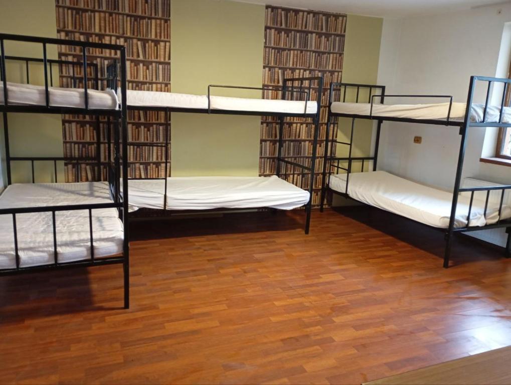 3 literas en una habitación con suelo de madera en Central Rooms Craiova, en Craiova