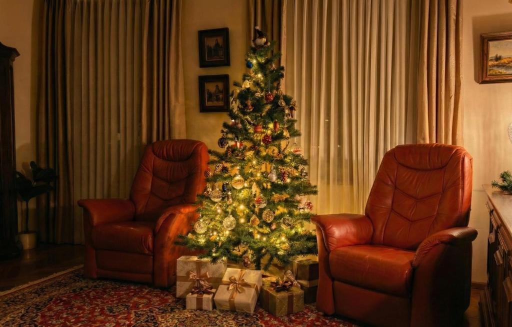 a christmas tree in a living room with presents at NEU - 4 Zimmer, 4 Betten, 5 Min zum HBF, Terrasse, 160qm in Augsburg
