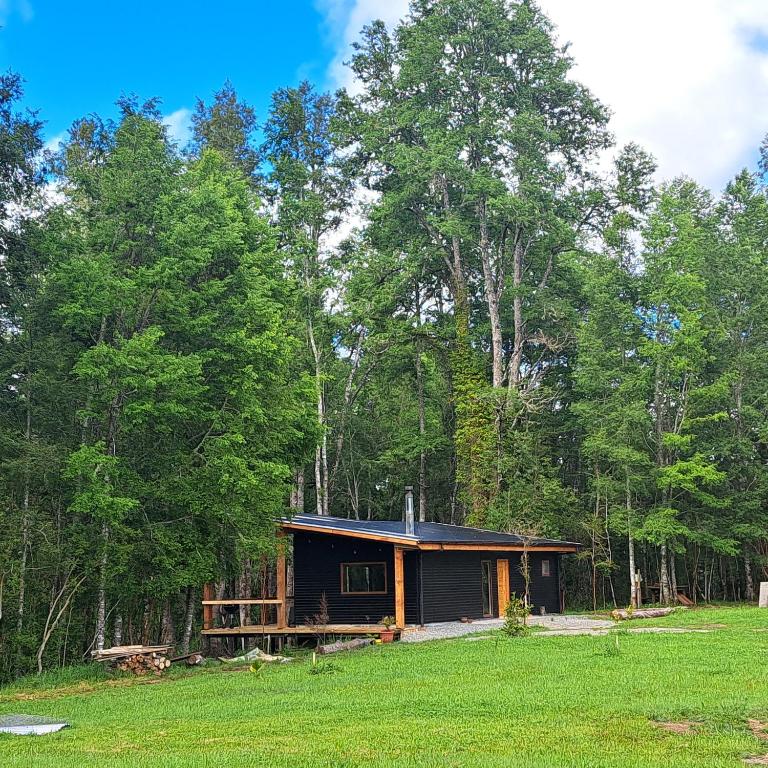 a cabin in the middle of a field with trees at Refugio en Los Arrayanes in Valdivia