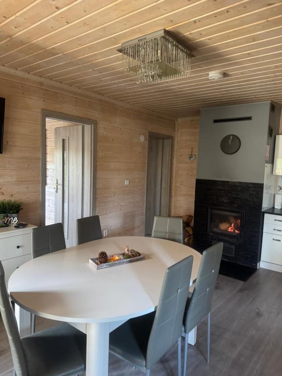 斯特日察Domek Helenka的一间有桌椅和壁炉的餐厅
