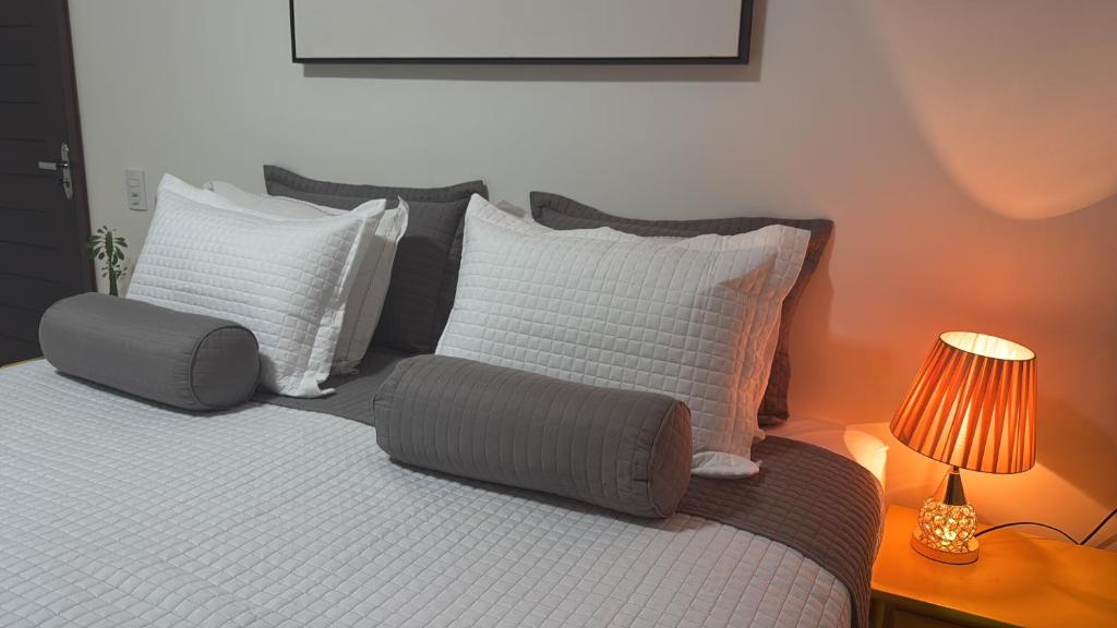 een slaapkamer met een bed met kussens en een lamp bij Refúgio na natureza in Parauapebas
