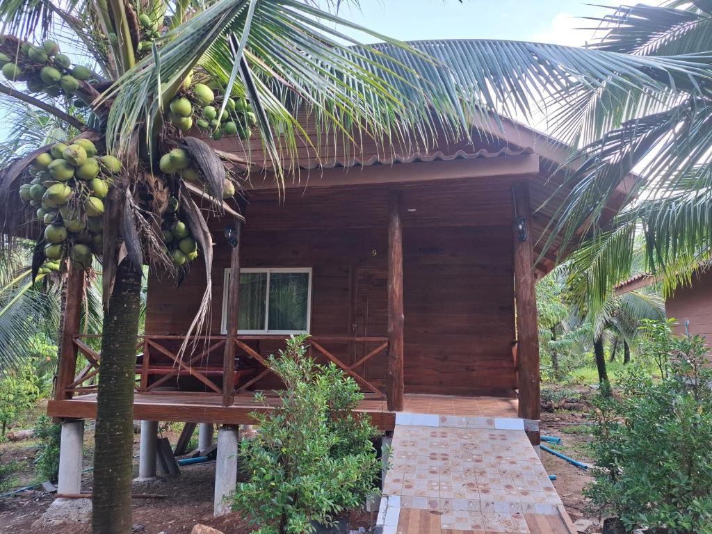 a small wooden cabin with a bunch of coconuts on a tree at Fadel Bungalow ฟาดิลบังกะโล in Ban Lo Pa Ret