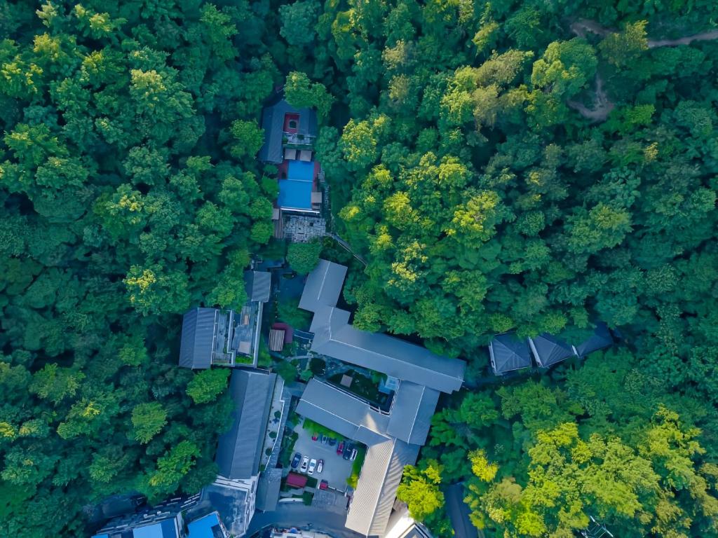 una vista aérea de una casa en el bosque en Serene Peaks Courtyard-Free pick-up-Free Laundry, en Fenghuang