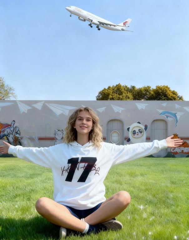 a woman sitting on the grass with an airplane flying overhead at W9-Hotel ShangHai PuDong Airport - 24 hours free shuttle bus to Pudong Airport in Shanghai