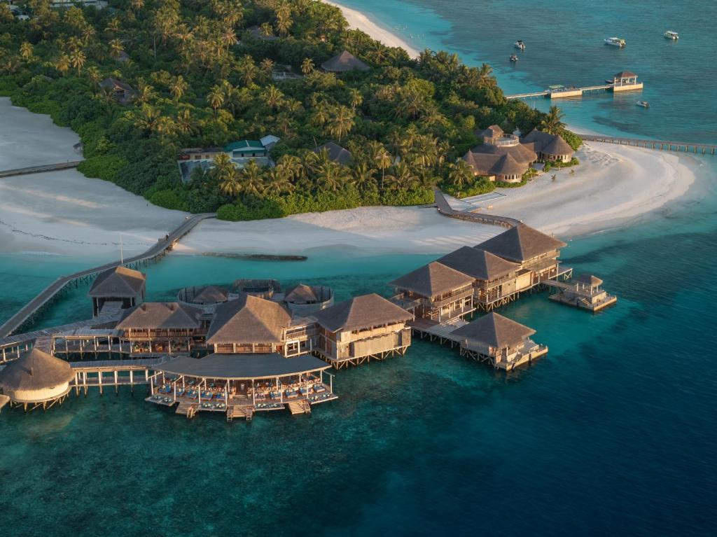 an aerial view of a resort in the ocean at Six Senses Laamu in Laamu
