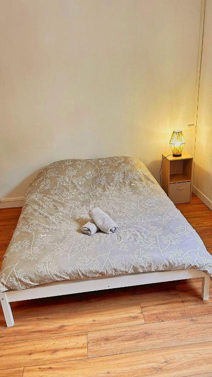 a bed in a room with a lamp on a wooden floor at Maison partagée 4 chambres Saint Roch Roubaix in Roubaix