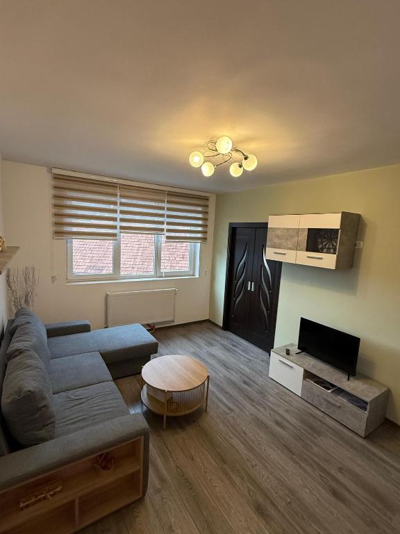 a living room with a couch and a tv at Straja Mountain Escape in Lupeni
