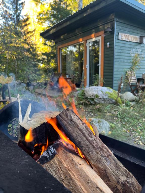 a fire pit with a log in front of a house at Ennu’s hut in Loksa