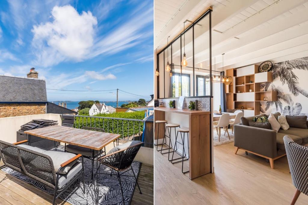 una casa con un balcón con una mesa y sillas en Paradis côtier - Maison vue mer à Loguivy, en Loguivy-Plougras