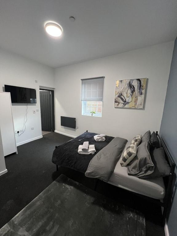 a bedroom with a bed and a flat screen tv at Modern Studio Central WV1 Appt 4 in Wolverhampton