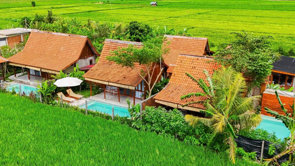 an aerial view of a resort with a swimming pool at Rumah Tengah Sawah Bali in Ubud