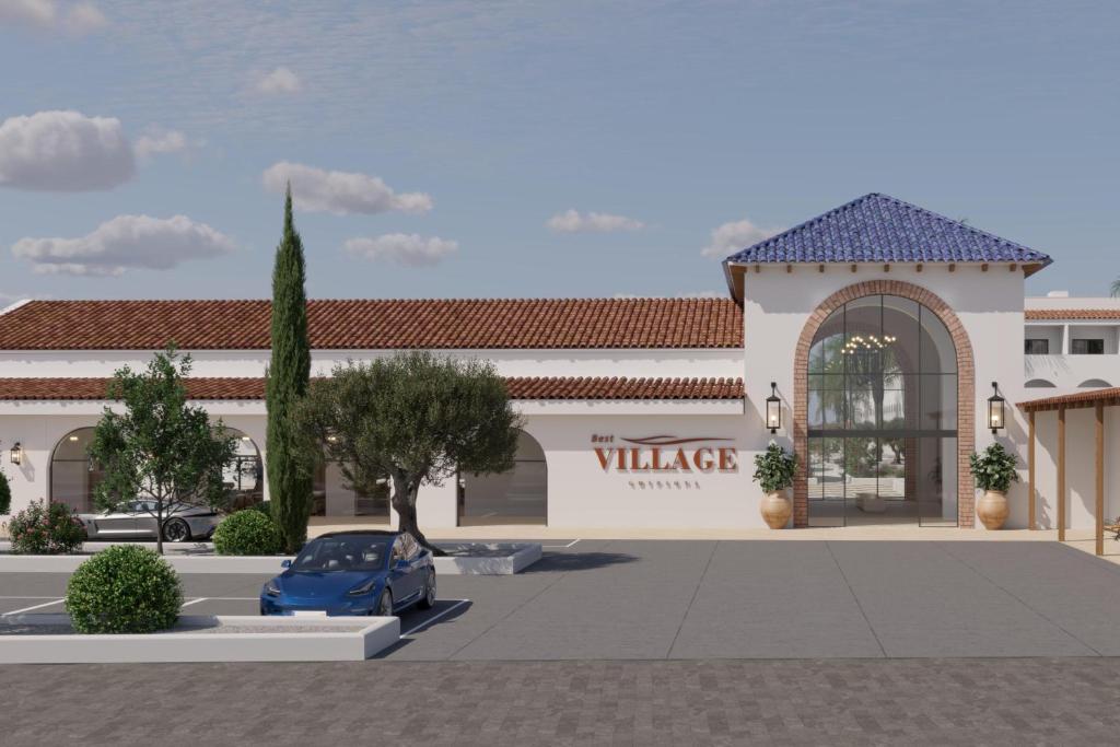 eine Darstellung eines Dorfbewohnergebäudes mit einem davor geparkten Auto. in der Unterkunft Hotel Best Village Chipiona in Costa Ballena