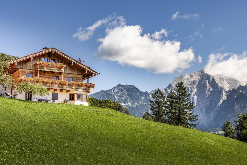 比绍夫斯维森Bergbauernhof Schoberlehen的山上的房子，背景是群山